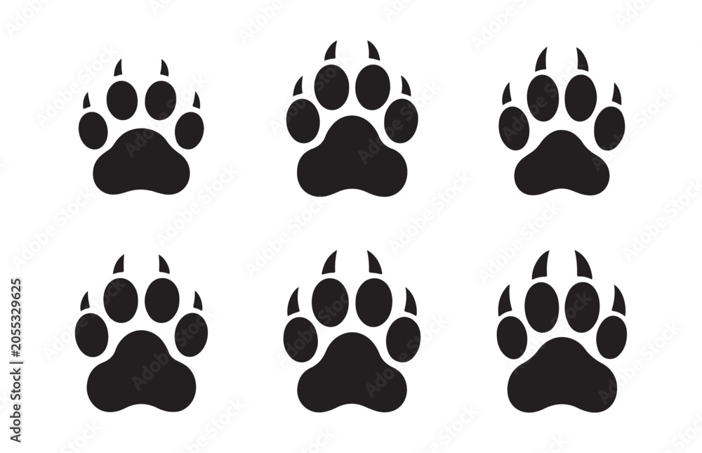 Fototapeta premium Six aggressive animal footprint icons with sharp claws isolated on clean white background surface.