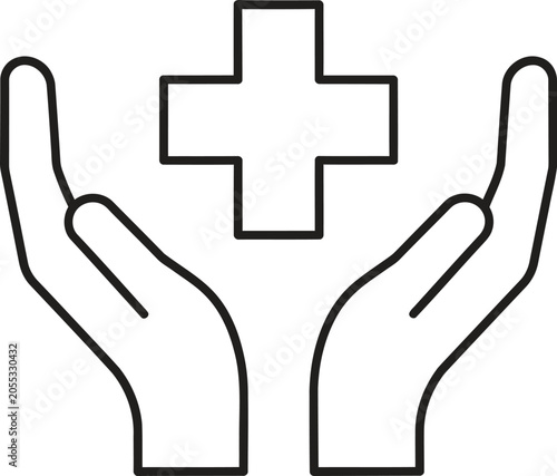 Medical cross icon held in open hands representing health care