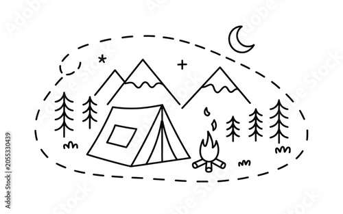 Minimalist camping landscape outline drawing with mountain, adventure