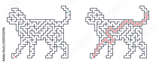 Cat shaped maze with entrance and exit. Logical puzzle in shape of feline silhouette. Printable game for child and adult. Educational challenge with solution path on white background.