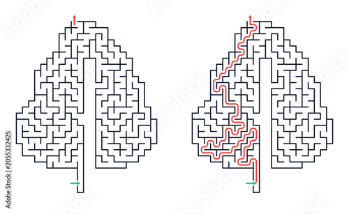 Tree shaped maze with solution path. Nature logic puzzle for education. Abstract brain teaser concept representing forest.