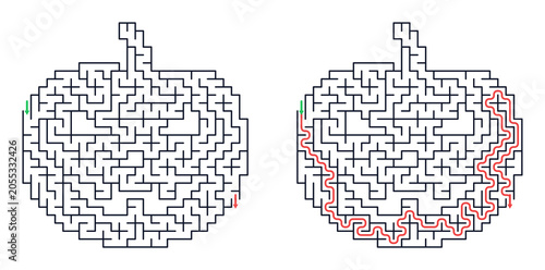 Pumpkin maze puzzle for Halloween. Two logical games in shape of jack o lantern with starting and ending point. illustration for brain training and fun educational activity.