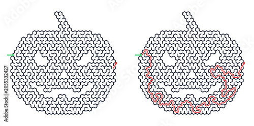 Pumpkin maze puzzle for Halloween. Two logical games in shape of jack o lantern with starting and ending point. illustration for brain training and fun educational activity.