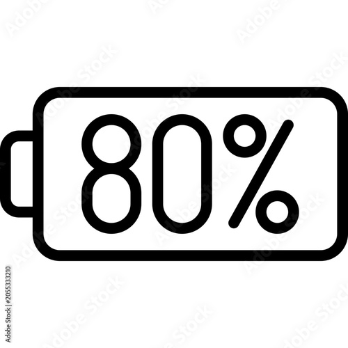 High battery charge at 80 percent level. Sufficient energy status indicator, remaining power bar, and accumulator cell graphic for digital interfaces thin line icon. Vector illustration