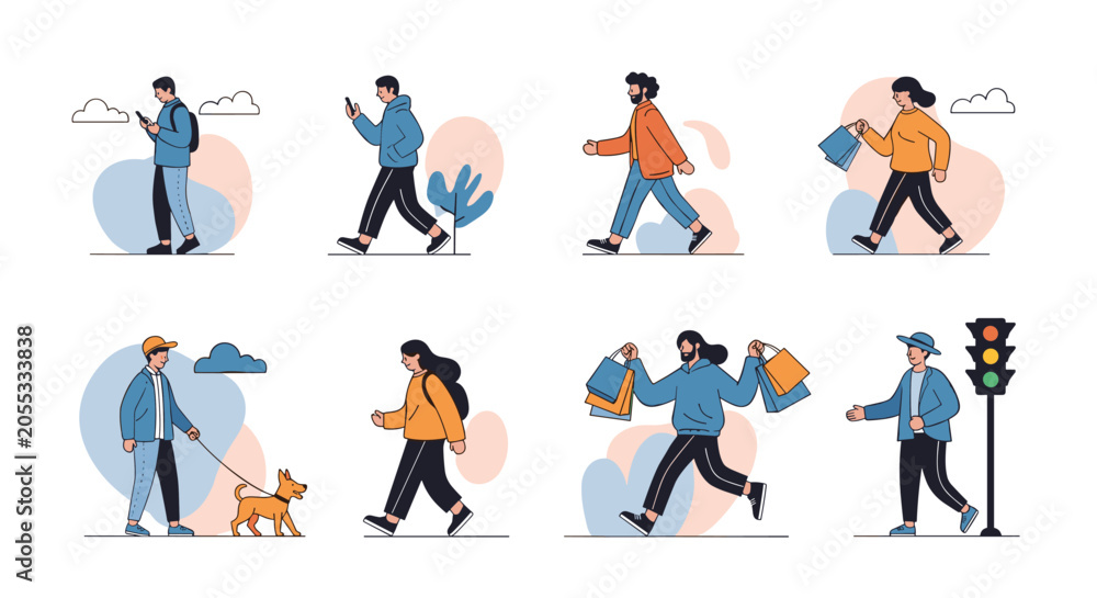 Fototapeta premium Diverse set of people walking in different directions while carrying shopping bags, using phones, or walking a pet dog outdoors.