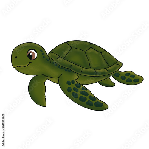 Cute green sea turtle illustration, smiling marine animal isolated for sticker logo, children book