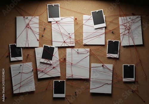 Detective investigation board with documents and photos connected by red string