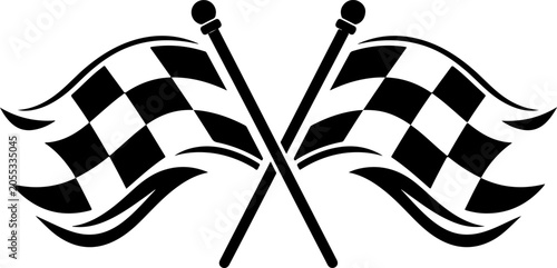 Line art illustration of crossed checkered flags representing a finish line for racing events and motorsport design