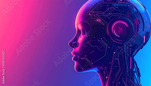 Futuristic female AI robot head side profile representing artificial intelligence as a digital 3D render with vibrant pink and blue neon lighting on a gradient purple background.