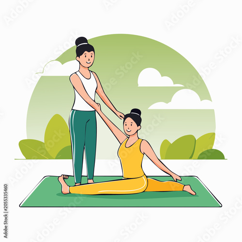 Yoga Instructor Assisting Student in Split Pose Outdoors