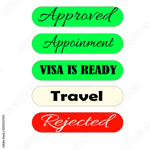 Approved, appointment, visa is ready, travel, and rejected vector labels
