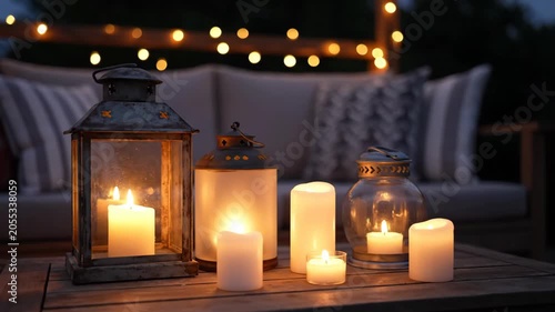 Cozy candle lanterns on wooden table evening patio
