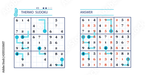 Thermo Sudoku puzzle and answer with colored hints and numbers  