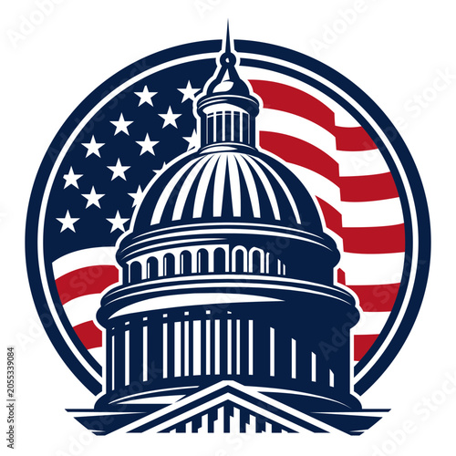 US Capitol Building with American Flag in a Circular Emblem for Patriotism and Government Themes.