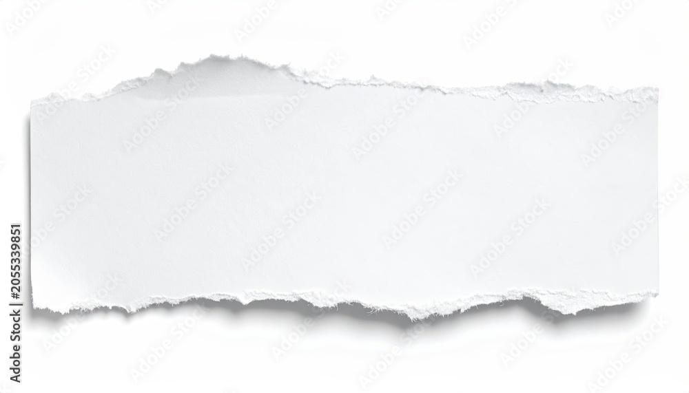 Fototapeta premium Torn white paper strip with rough edges, casting soft shadow on a clean background