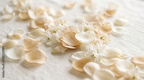 Close up of delicate dried flower petals on soft fabric