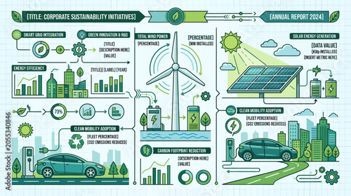 Comprehensive Infographic Dashboard Representing Renewable Energy Integration and Corporate Environmental Sustainability Strategies for Modern Urban Development