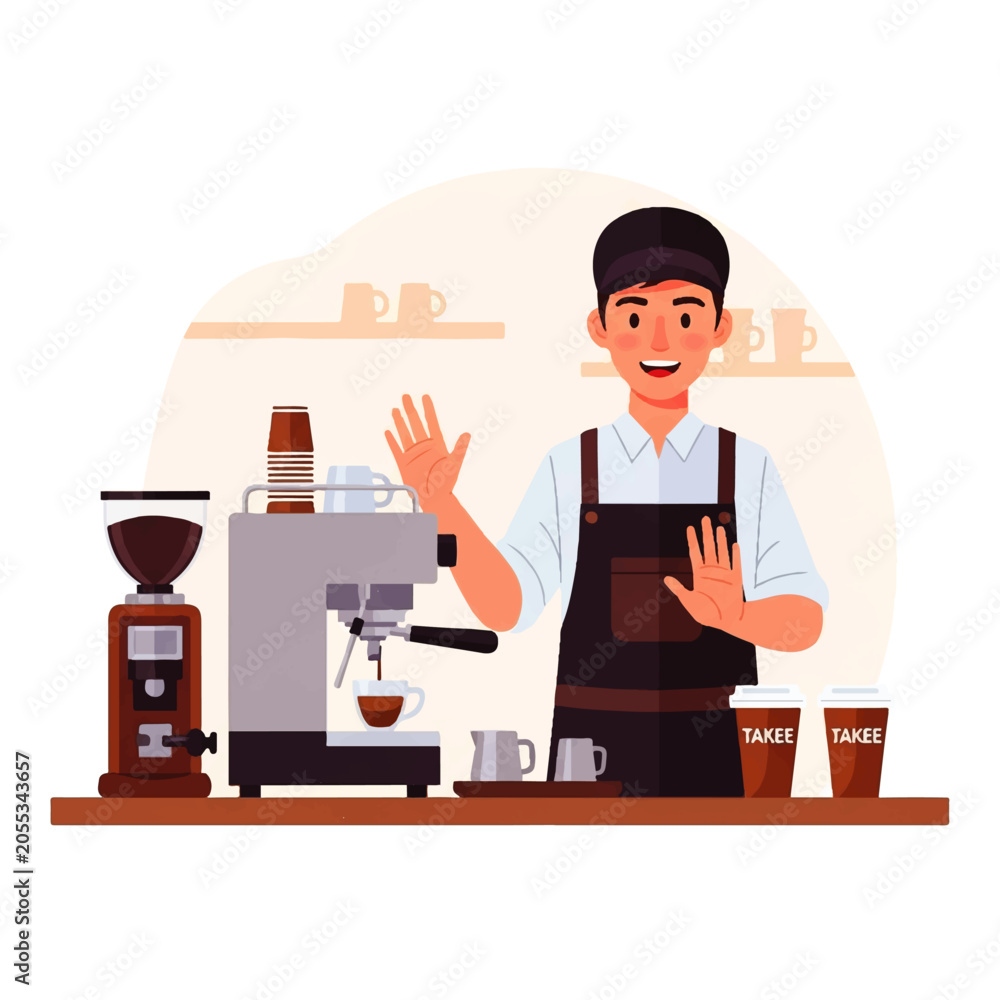 Fototapeta premium Vector flat design illustration of a friendly barista waving hello behind a coffee counter with espresso machine