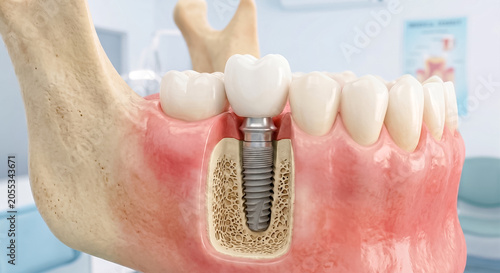 3D medical illustration of a tooth implant structure placed in human bone tissue