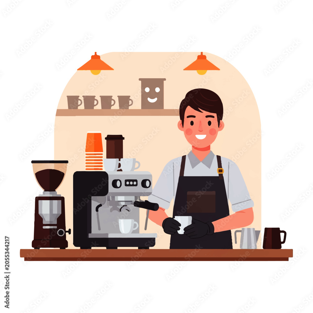 Fototapeta premium Vector flat design illustration of a smiling barista preparing coffee with an espresso machine and grinder in a cozy
