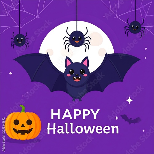 Cute Cartoon Bat Flying in Front of Full Moon on Purple Halloween Night