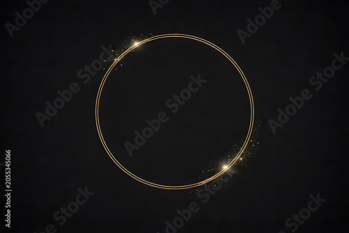 Classic elegant gold circular border frame with shimmering starry dust on a luxury dark black background. generated by AI.