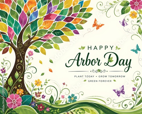 Happy Arbor Day greeting illustration - ai generative