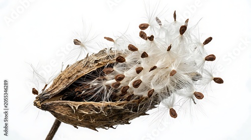 Common milkweed seed pod bursting open on white background