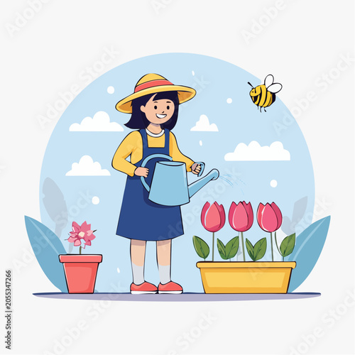 Child watering tulips and flower in garden with bee flying