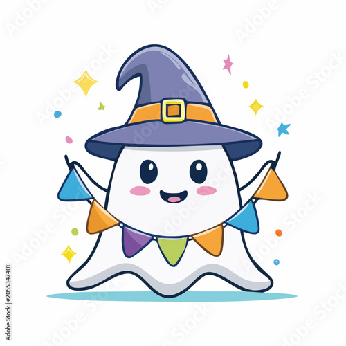 Cute Ghost Wearing Witch Hat Holding Halloween Bunting