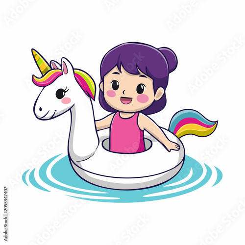 Cute Girl Floating on Unicorn Pool Float