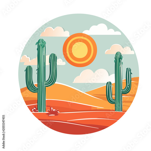 Desert Landscape Illustration with Cactus and Sun