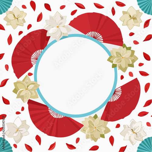 Japanese Inspired Floral and Fan Border with Copy Space