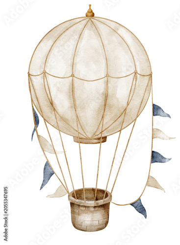 Hot air Balloon watercolor illustration. Vintage airship with flags and wicker basket on isolated background. Decorative clipart for adventure, nursery posers, travel and fantasy design. art for baby.