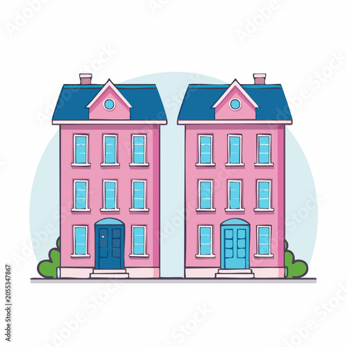 Two Pink Cartoon Houses with Blue Roofs and Doors