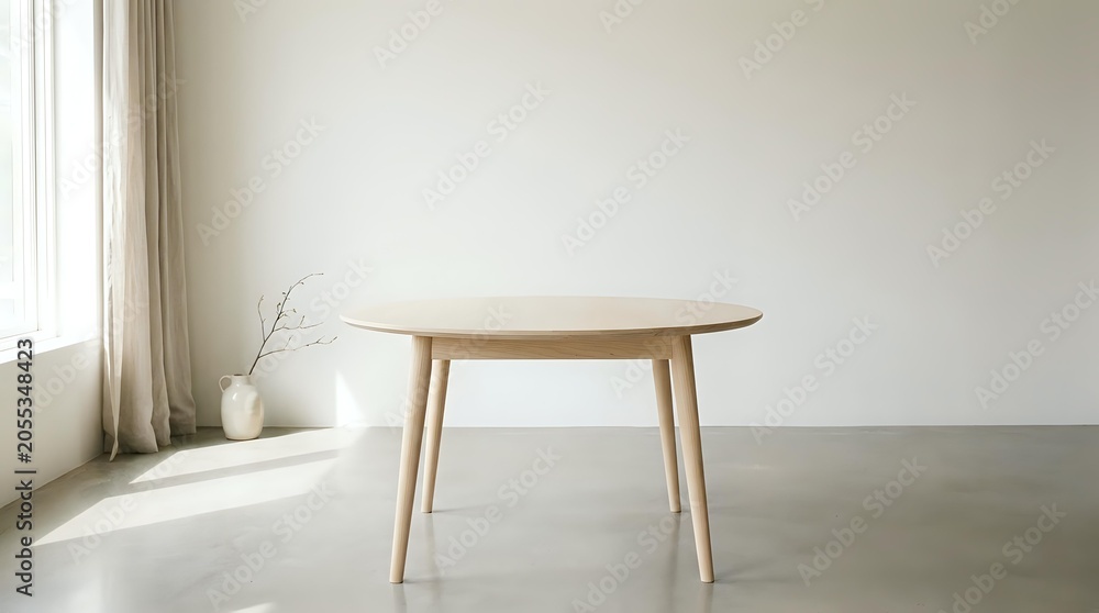 Fototapeta premium Minimalist wooden dining table with natural light from window, modern Scandinavian interior design, empty room with concrete floor and neutral decor for home furnishing concepts.