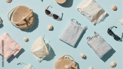 Overhead shot of beach accessories, bags, sunglasses, shells, and soft pastel fabrics on blue