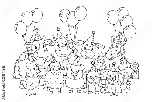 Animal Birthday Party Coloring Page. Cute animals with balloons, party hats and smiles, black and white outline illustration for kids coloring book, printable worksheet.