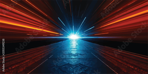 Schilderij op canvas Futuristic road tunnel with orange and blue light motion perspective abstract mo