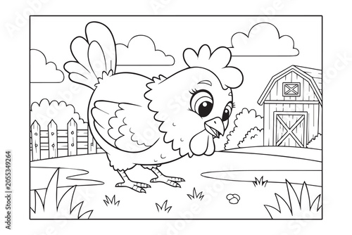 Hen On Farmyard Coloring Book Page. Cute laying hen standing in a rural farm scene with barn, fence and clouds, black and white outline illustration for children coloring book and learning activity.
