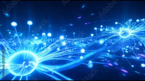 Neural network connection abstract background, with glowing blue, data nodes and, light trails