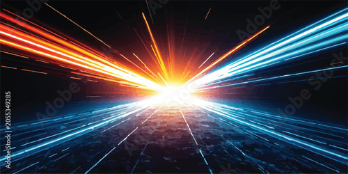 Fotografía Abstract road tunnel with glowing orange and blue light trails abstract movement