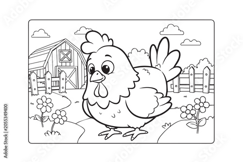 Chicken In Country Farm Garden Coloring Book Page. Happy farm chicken surrounded by flowers with barn and fence background, simple line art coloring illustration for kids printable worksheet activity.