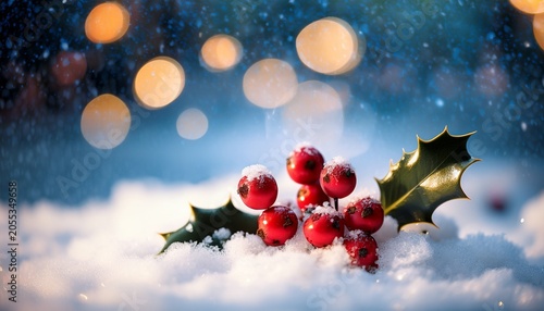Holly Berries In The Snow With Bokeh Light Background