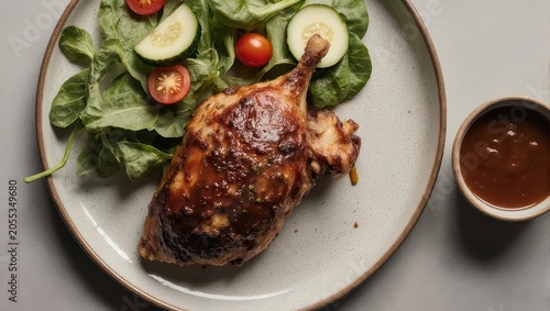 Overhead shot of a plated roasted chicken leg with side salad and small bowl of sauce