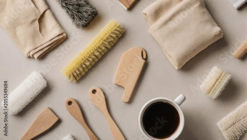 Overhead shot of cleaning tools & coffee cup on a beige surface, creating a flatlay
