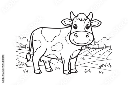 Holstein Dairy Cow In Pasture Coloring Book Page. Friendly Holstein cow standing in a grassy farm field, simple black and white line art illustration for children coloring book. 