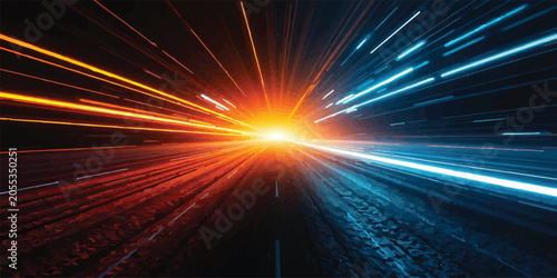 Foto Fast speed motion blur background with bright orange and blue light trails on a