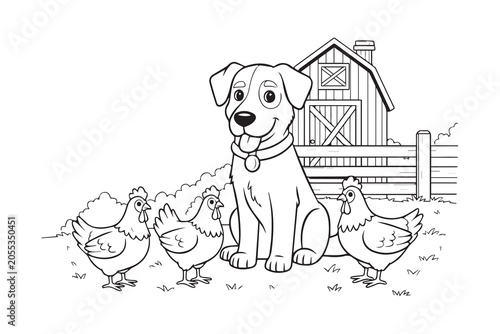 Farm Dog With Chicks Near Barn Coloring Book Page. Cute farm puppy sitting with baby chicks in front of a rustic barn and wooden fence, black and white outline illustration for kids coloring book. 