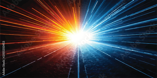 Quadro su tela Futuristic motion blur light trails on dark road surface representing speed and